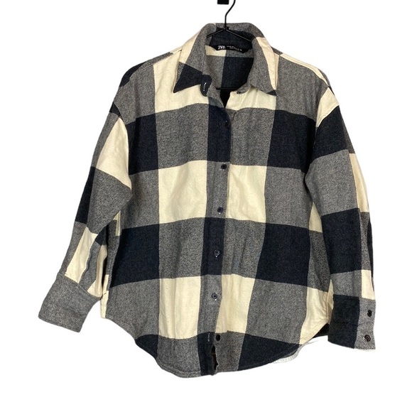 Zara black and cream boxy plaid flannel top - Picture 1 of 6